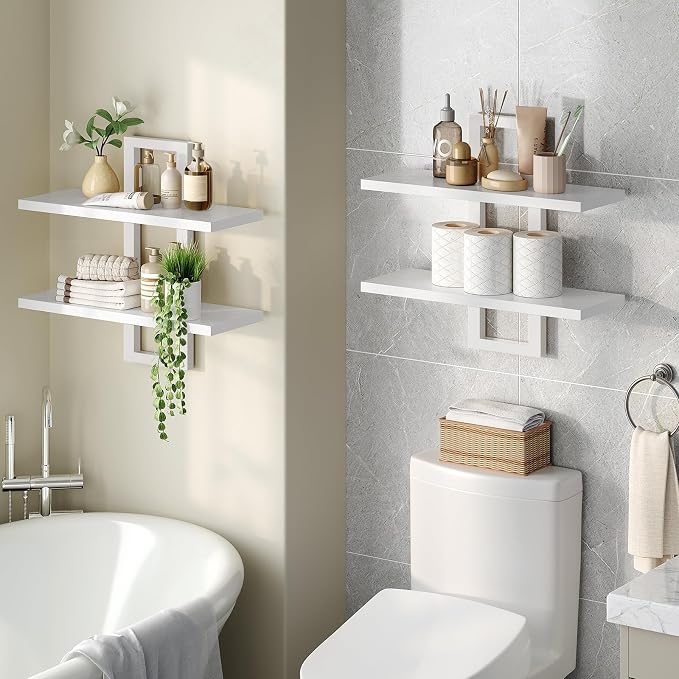 HOOBRO Floating Shelves, 15 Inch Wall Shelf Set of 2, Wall Mounted Storage Shelves 2-Tier, Hanging Bathroom Shelves, for Living Room, Bedroom, Bathroom, Kitchen, White WW32BJ01
