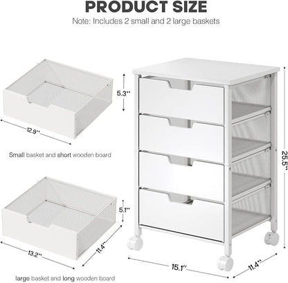 Rolling Cart with Drawers, Wooden Top and Front, with Wheels Metal Under Desk Storage Cart with 4 Drawers, for Office, Bedroom, Classroom, Home, White