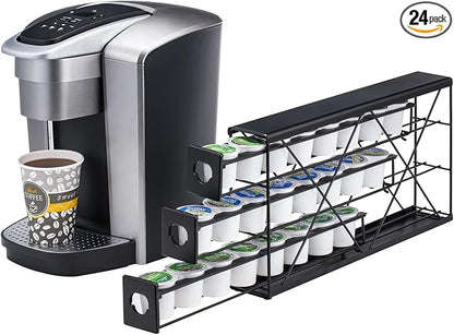 K Cup Holders for 3 Tier, 24 Pods K Cup Storage, Coffee Pod Holder for Countertop, K Cup Organizer Coffee Bar Accessories Black Metal