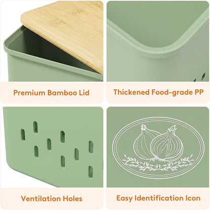 Lifewit Onion and Potato Storage Bin with Aerating Holes and Lid, Stackable Garlic Keeper, Plastic Vegetable Container Box for Kitchen, Green, Set of 3