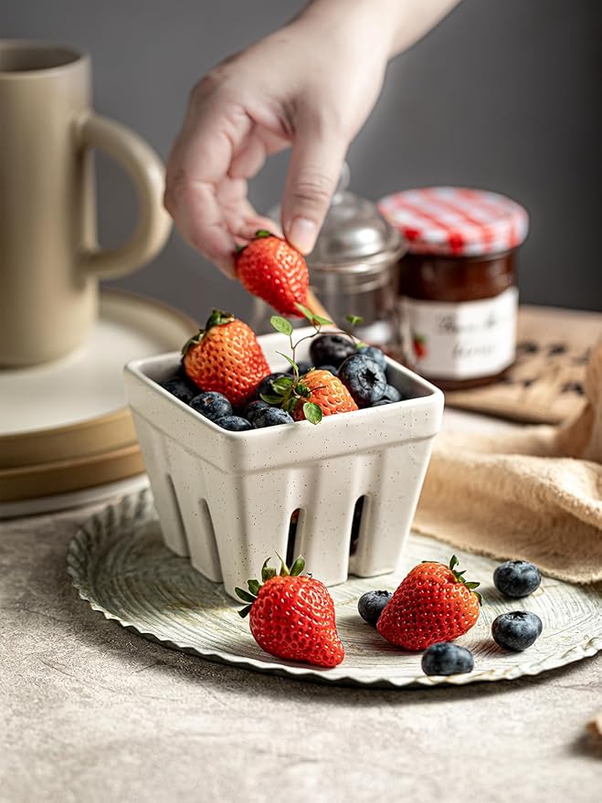 Gomakren Ceramic Fruit Basket Set of 2, Square Fruit Bowls with Holes, Rustic Berry Basket Containers for Kitchen Fridge, Berries, Strawberry, Grape, Cherry - Cream White