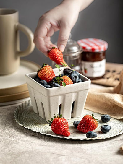 Gomakren Ceramic Fruit Basket Set of 2, Square Fruit Bowls with Holes, Rustic Berry Basket Containers for Kitchen Fridge, Berries, Strawberry, Grape, Cherry - Cream White