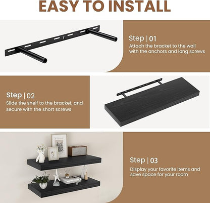 Fun Memories Rustic Floating Shelves for Home Decor, 8 Inch Deep Floating Shelf, Solid Wood Floating Wall Shelves 30 Inch Long, Deep Wall Shelves for Bathroom, Living Room, Black Finsh, Set of 2