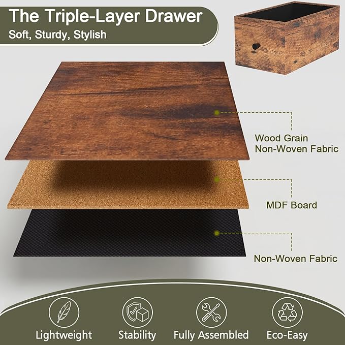 Narrow End Table Living Room with Charging Station, Skinny Side Table with Fabric Drawers, Slim LED Nightstand for Bedroom, Small Spaces, Couch, Rustic Brown, HETNDP02LPBR-1