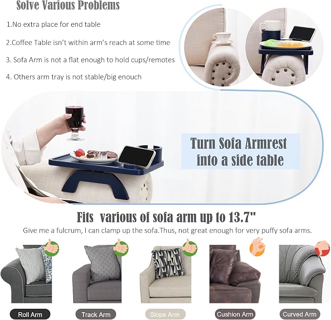 Nnewvante Couch Arm Tray,3 in 1 Large 15.36"x9.85" Bamboo Couch Table Armrest Sofa Arm Clip on Tray Table with 360°Rotated Phone/Cup Holder,Navy Blue