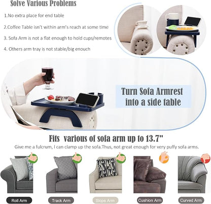 Nnewvante Couch Arm Tray,3 in 1 Large 15.36"x9.85" Bamboo Couch Table Armrest Sofa Arm Clip on Tray Table with 360°Rotated Phone/Cup Holder,Navy Blue