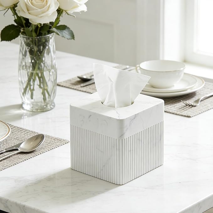 White Tissue Box Cover Square Resin Tissue Holder for Home Decor, Hand Poured Marble Ribbed Cube Tissue Box Holder – 5.5 Inch Heavy Duty Luxury Tissue Box Case for Bathroom, Living Room, Office