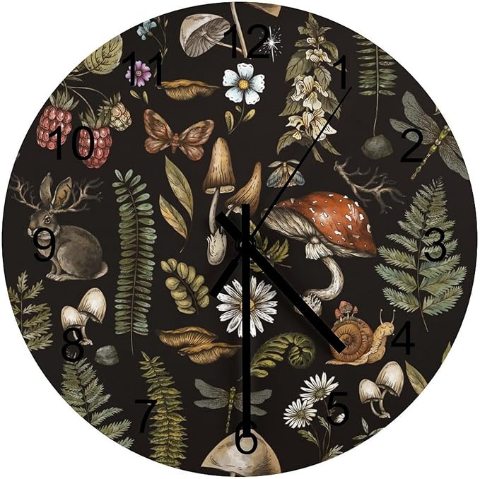 Botanical Wall Clock, Vintage Plant Botanical Cartoon Mushroom Flower Round Clocks Wall Decor Silent No Ticking 12 Inch Wooden Clock for Bedroom Living Room Home Office
