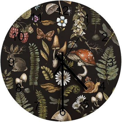 Botanical Wall Clock, Vintage Plant Botanical Cartoon Mushroom Flower Round Clocks Wall Decor Silent No Ticking 12 Inch Wooden Clock for Bedroom Living Room Home Office