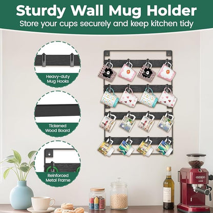 EsLuker.ly Mug Holder Hanger Rack Wall Mounted Wooden 2 Pack Coffee Cup Storage Organizer Display Shelf with 16 Movable Plastic Hooks, Ideal for Mug Collectors, Black