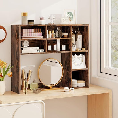 Desk Hutch, Desktop Shelf with 7 Shelves, Desk Bookshelf w/Anti-Toppling Devices, Wood Table Top Bookshelf Organizer, Small Desk Shelf for Study, Office, Dorm (Rustic Brown, 7 Shelves)