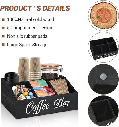 ugiftt Coffee Station Organizer for Counter, Wood Coffee Pods Holder Storage Basket, Tea Condiment Storage Organizer, Rustic Coffee Bar Decor for Coffee Accessories Organizer