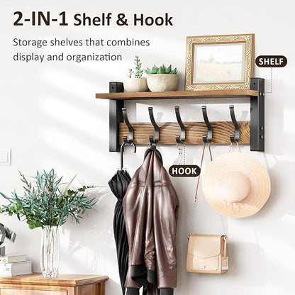 Coat Rack Wall Mount with Shelf, 17.1 Inch Coat Hanger, Entryway Wall Key Holder, Hat Rack for Walls, Shelf with 5 Coat Hooks, Purse Hanger for Wall (Brown)