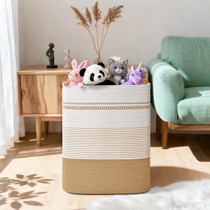 Degeyoyo Laundry Hamper, 95L Tall Laundry Basket with Leather Handles, Rectangle Large Clothes Hamper for Organizing, Cotton Woven Laundry Baskets Storage Hampers for Bedroom, Nursery, Living Room