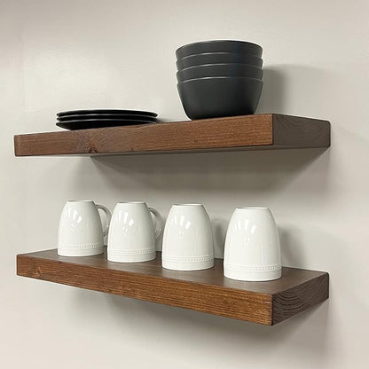 URBANDI, Rustic Floating Shelves, Set of 2, Hidden Bracket, Solid Wood, Heavy Duty, Wall Mounted Shelves, (Provincial, 24Wx12D)