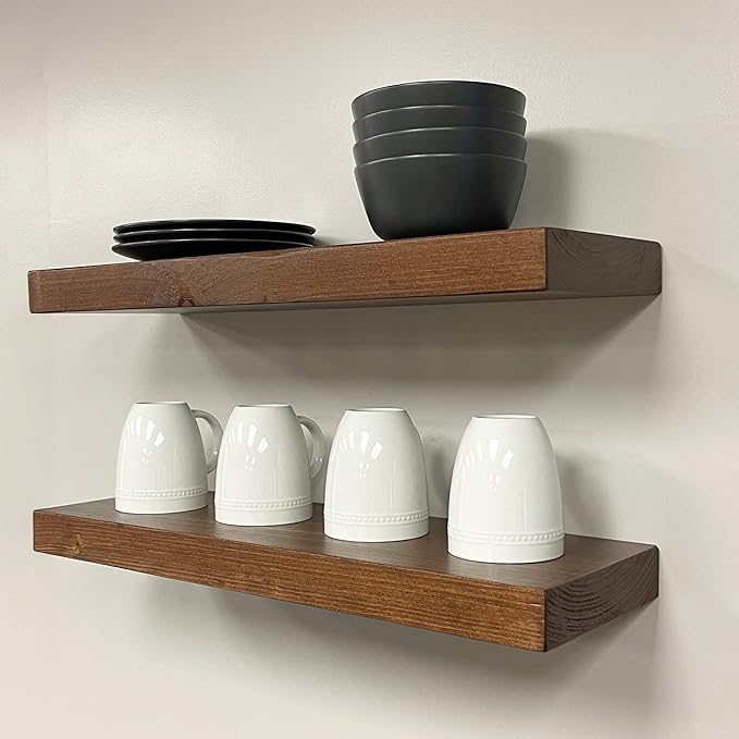 URBANDI, Rustic Floating Shelves, Set of 2, Hidden Bracket, Solid Wood, Heavy Duty, Wall Mounted Shelves, (Provincial, 60Wx10D)