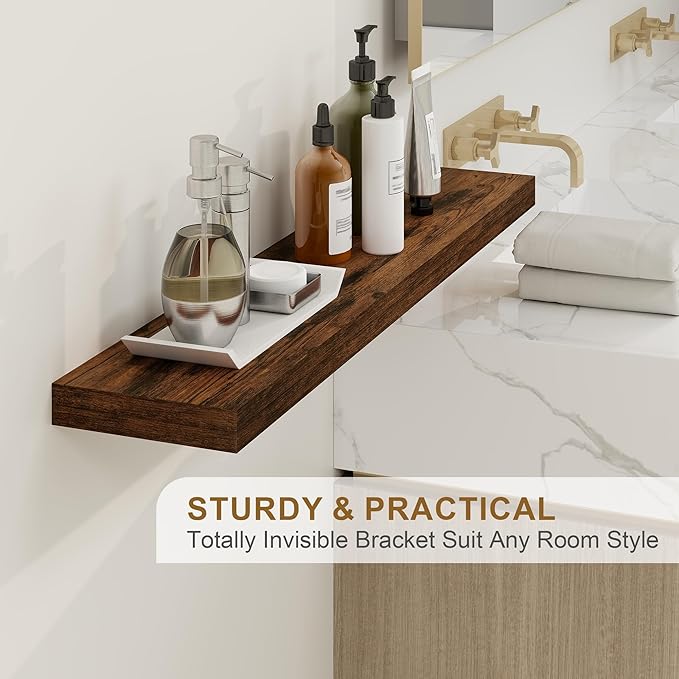 Fun Memories 66 Inch Fireplace Mantel - Long Floating Shelf, Wall Mounted Farmhouse Display with Invisible Heavy Duty Metal Bracket, Brown, 2 Pack