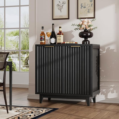 Fluted Coffee Bar Cabinet with Storage, Modern Sideboard Buffet Cabinet with Removable Wine Rack, Drawer, Adjustable Shelf, Black Liquor Cabinets for Living Room, Dining Room, Kitchen, Entryway