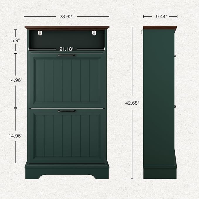 Shoe Storage Cabinet with 2 Flip Drawers, 24" W Farmhouse Modern Hidden Shoes Rack Cabinet with Adjustable Shelves & Open Storage, Narrow Slim Shoe Organizer for Front Door Entrance, Entryway, Green