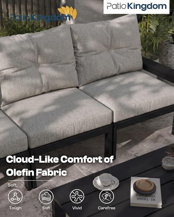 HDPE Patio Sofa Set, 4-Piece Sectional Outdoor Patio Furniture Set, All Weather Outdoor Couch Set with Coffee Table & Grey Washable Thick Cushions for Balcony, Porch (Black Frame)