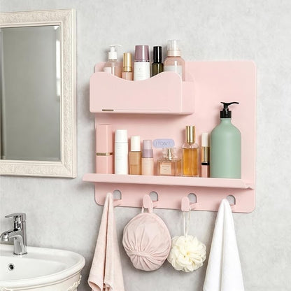 Bedside Shelf Wall Mount, Adhesive Bedside Shelf Accessories Organizer with Hooks and Cable Clips,Dorm Bedside Wall Storage for Phone, Remote, Earphone,Plastic (Pink)