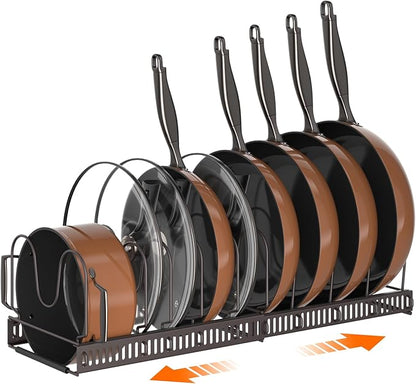 MUDEELA Pots and Pans Organizer Rack for under Cabinet, Expandable Pot Lid Kitchen Cabinet Organizer Holder with 10 Adjustable Compartment Cutting Board Organizer for Pan Lid Cookie Sheet Rack, Bronze