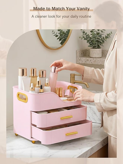 Booklov Countertop Makeup Organizer with Drawers, 3 Tier Large Cosmetic Storage Caddy for Vanity, Bathroom Counter, Dresser, Skincare Display Case for Lipsticks, Beauty Palettes, Teen Girl Gifts, Pink