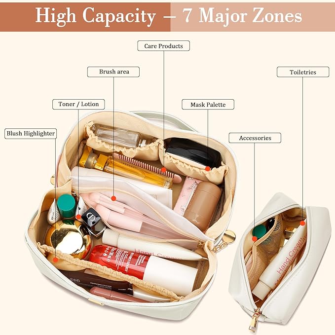 Valentine's Day Gifts for Women Teen Girl, Personalized Initial Makeup Organizer Bag Set, Open Flat Travel Cosmetic Bag With Clear Divider and Handle(Beige,V)
