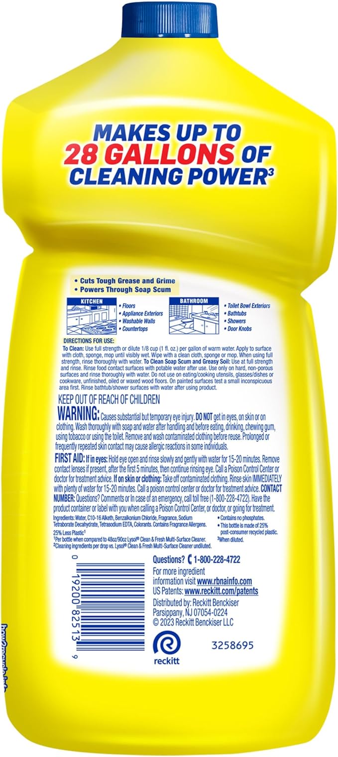 Lysol Power Clean Multi-Surface Cleaner, 2x Concentrated Pour, Sparkling Lemon & Sunflower Essence scent, 28 Fl Oz (Packaging May Vary), Pack of 9