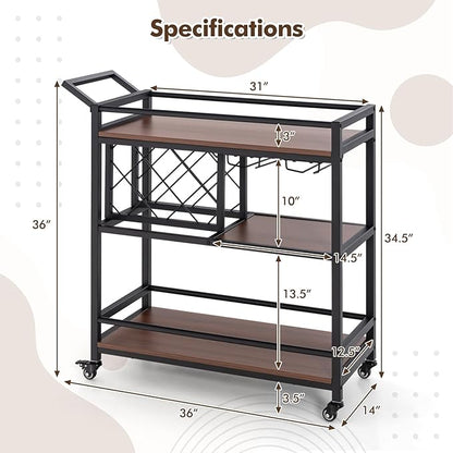 Giantex Bar Cart, 3 Tier Serving Cart for Home, 8 Wine Bottles Rack, Glass Holder, Industrial Mobile Kitchen Cart with Lockable Wheels and Handle, Storage Shelves for Drink Beverage