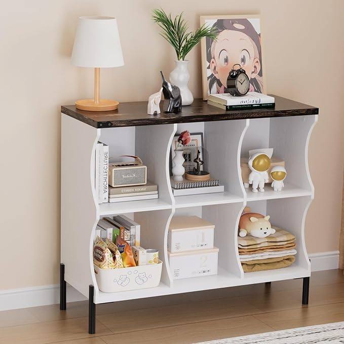 6 Cube Book Shelf, Low and Short Bookshelf, Long Cube Storage Organizer Wood TV Stand, Toy Organization DVD Cabinets for Living Room, Office, Bedroom, Dorm, White with Dark Brown Top