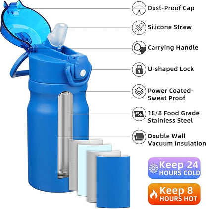 BJPKPK Insulated Water Bottle 14oz Stainless Steel Water Bottles with Straw and Carry Handle Double Wall Metal Thermal Flask,Blue