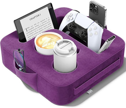 Couch Cup Holder Pillow, Sofa and Bed Caddy for iPad, Kindle, Switch, Game Controller, Remotes, Phones, Small-Sized Cup & Drink Holder for Couch, Bed, Desk, Car, Beach, Bathroom Cup Holder Purple
