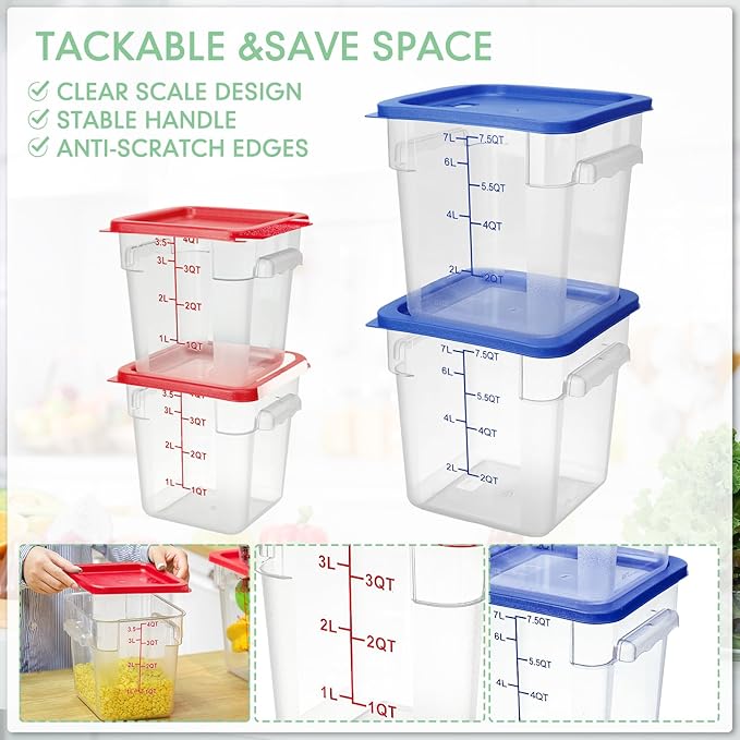 Lallisa 4 Pcs 8 Qt and 4 Qt Clear Food Storage Containers with Lids, Handles and Scales, Commercial Grade Square Containers Polycarbonate Air Tight for Home Storage Kitchen Restaurant(Red, Blue)