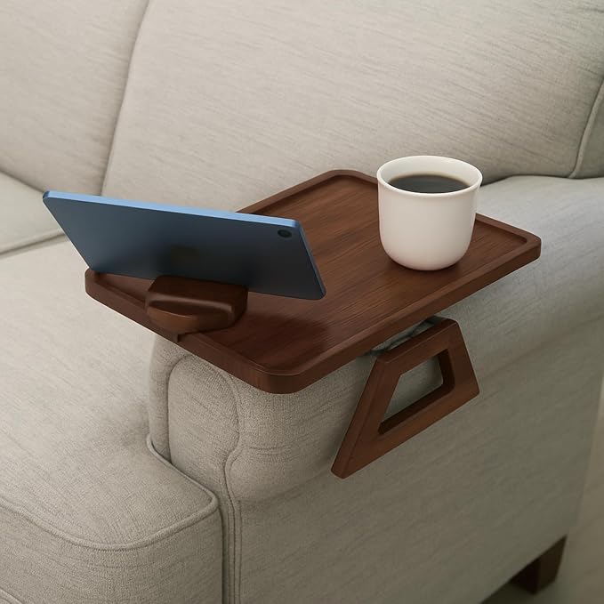 Shamrock Home Bamboo Couch Arm Table with Device Holder, Clip On Tray. for TV Dinners, Remotes, Drinks, Snacks and Small Spaces (Rectangular with Device Holder, Brown, Regular 13.75 x 9.5)