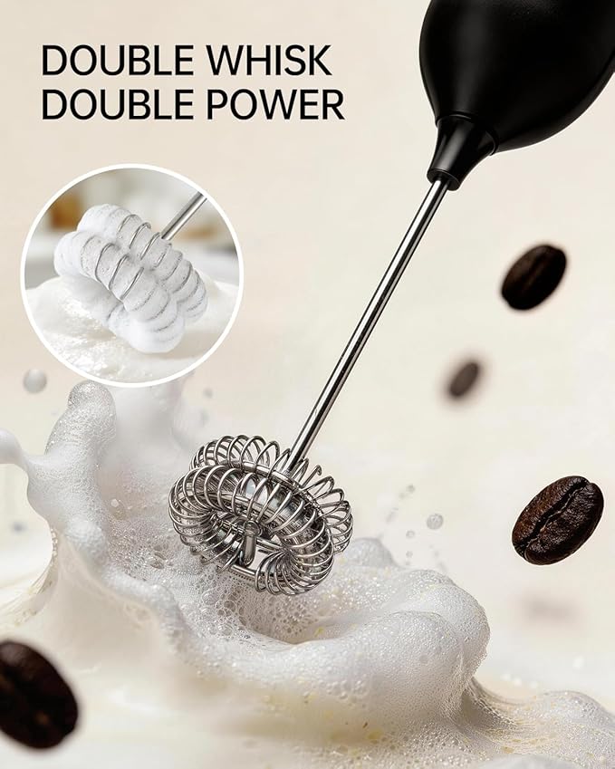 CIRCLE JOY Rechargeable Milk Frother Handheld with Stand, Dual Spring Whisk Head Electric Coffee Frother Foam Maker, Portable Drink Mixer for Cappuccino, Latte, Matcha, Black