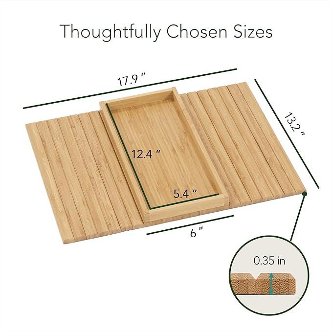 DETOR Couch Tray with Spacious 12.4" x 5.4" Storage Box, Natrual Bamboo Finish, Enhanced Non-Slip Felt Bottom, Sturdy Bamboo Slats, Fits Armrests 6" and Wider