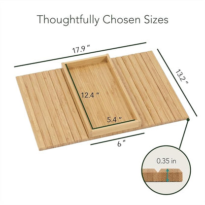 DETOR Couch Tray with Spacious 12.4" x 5.4" Storage Box, Natrual Bamboo Finish, Enhanced Non-Slip Felt Bottom, Sturdy Bamboo Slats, Fits Armrests 6" and Wider