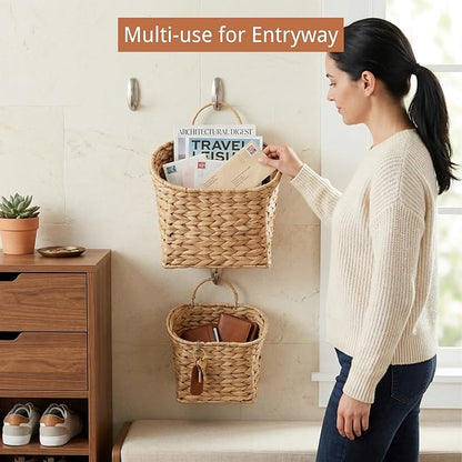 Coeusy Set of 2 Hanging Basket, Wicker Wall Basket for Door,Mail,Flower,Planters, Natural Water Hyacinth Storage Basket for Garden Farmhouse Home Decor