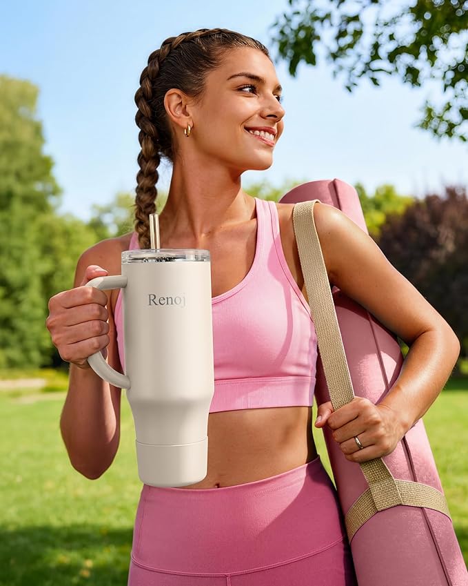 Renoj Tumbler with Handle 100% Spill Resistant Insulated Water Bottle for Iced Coffee & Hot Drinks - Fits Car Cup Holder, Ideal Gift, 2 Straws & Silicone Boot BPA-Free - FlexSlide White 40 oz