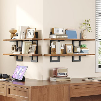 HOOBRO Floating Shelves, 15 Inch Wall Shelf Set of 4, Wall Mounted Storage Shelves 2-Tier, Hanging Bathroom Shelves, for Living Room, Bedroom, Bathroom, Kitchen, Rustic Brown and Black BF32BJP401