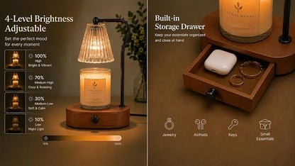 Candle Warmer Lamp with Timer & Dimmer, Black Painted Wooden Base with Drawer, Black Metal Stand, Extra Bulb Included, Candle Warming Lamp, Electric Candle Wax Warmer
