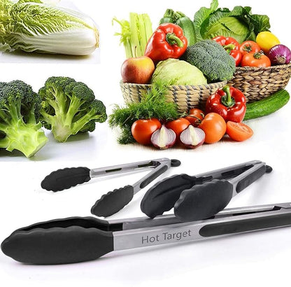 Hot Target Non-Stick Kitchen Tongs for Cooking - Set of 3: 7, 9, 12-Inch Cooking Tongs w/Rubber/Silicone Tips | Stainless Steel Tong, Metal | Salad Tongs, Pasta, Food Serving, Grill Tongs, Bbq