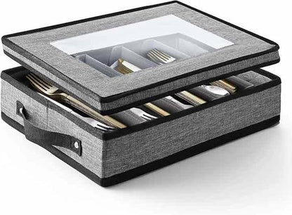 Flatware & Utensil Storage, Durable Silverware Storage Box with Padded Dividers, 5 Compartment Flatware Storage Case, Silverware Case with Handles, Protects and Organizes Cutlery, Grey