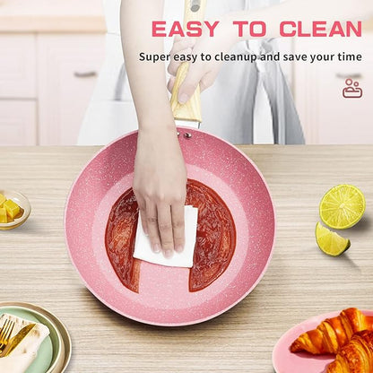 Frying Pan Nonstick, 11 Inch Pink Egg Pan, Non Stick Fry Pan 100% PTFE PFOA-Free Omelet Pan, Toxin-Free Skillets Stone Cookware, Anti-Warp Base with All Stove Tops Available, Induction Compatible