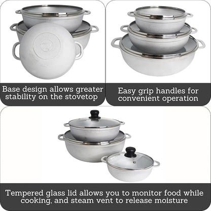 IMUSA Colombian 3 Piece Caldero Set with Glass Lids, Cast Aluminum Dutch Oven Pots, 1.5Qt 3.5Qt and 7Qt Traditional Hispanic Cookware for Rice, Beans, Soups, Stews, and Braised Meals