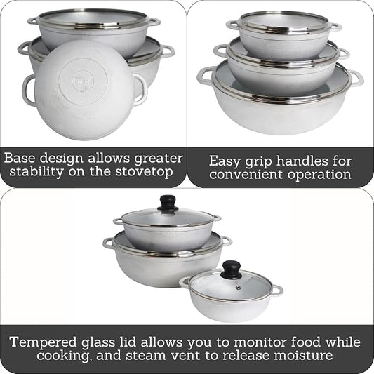 IMUSA Colombian 3 Piece Caldero Set with Glass Lids, Cast Aluminum Dutch Oven Pots, 1.5Qt 3.5Qt and 7Qt Traditional Hispanic Cookware for Rice, Beans, Soups, Stews, and Braised Meals