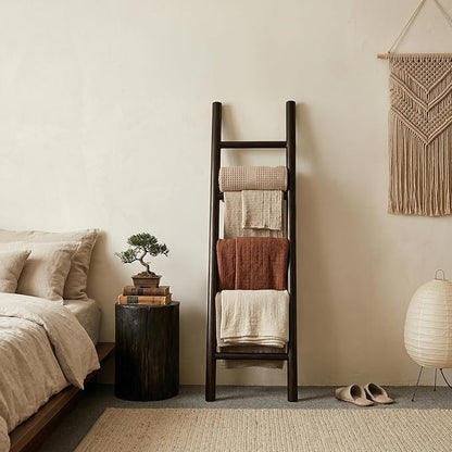 Wooden Blanket Ladder - 57in Natural Wood Color- Leaning Wall Decor for Bedroom, Bathroom, Living Room - Rustic Quilt Holder & Towel Rack (Dark Walnut 57in | Knock Down)