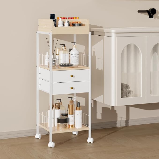 Makeup Organizer Cart Shelf Floor Skincare Organizers Make Up and Station Storage Cabinet For Vanity Standing Cosmetics With Drawers and Wheels For Nail Polish Perfume Hair Tool Holder Beauty(White)