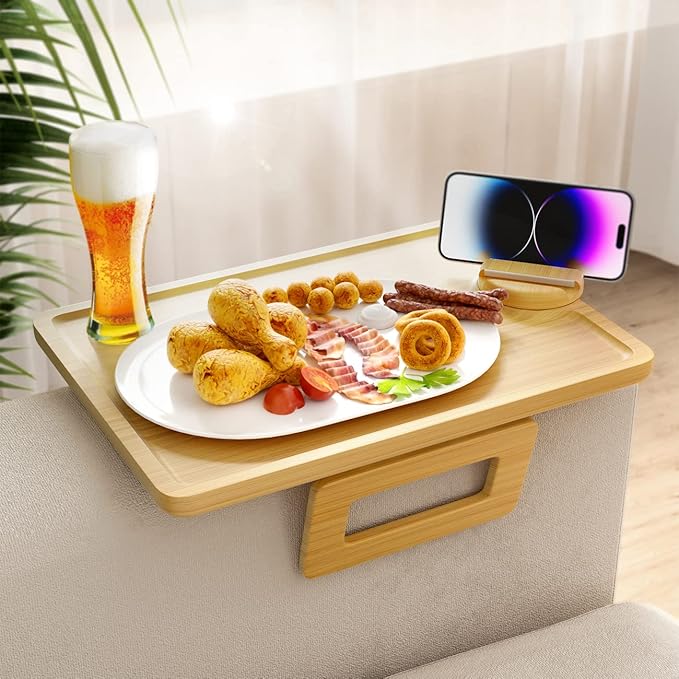 Smatdecis Couch Arm Tray Table Sofa Arm Clip, Armrest Tray Table Suitable for Home Drinks/Fast Food/Fruit Etc, Large Size Multi-Function Natural(360° Rotating Stand A)